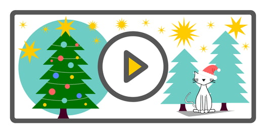 Christmas tree and decorations with the Vidflex cat wearing a Santa hat on a video screen.