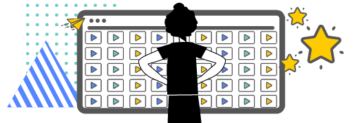 Male character looking at a large video library