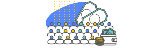 Audience in front of ticket icon with money icons